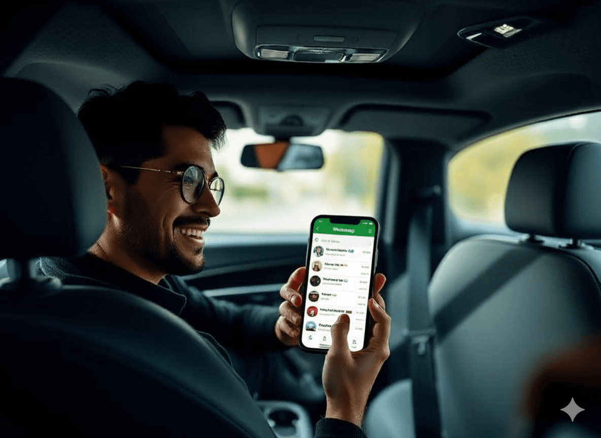 Motorista feliz usando WhatsApp no VoudeZap